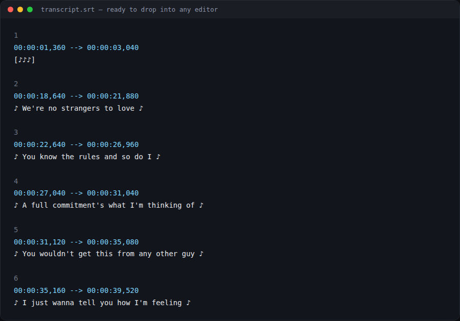 Ready-to-use SRT subtitles from the same run